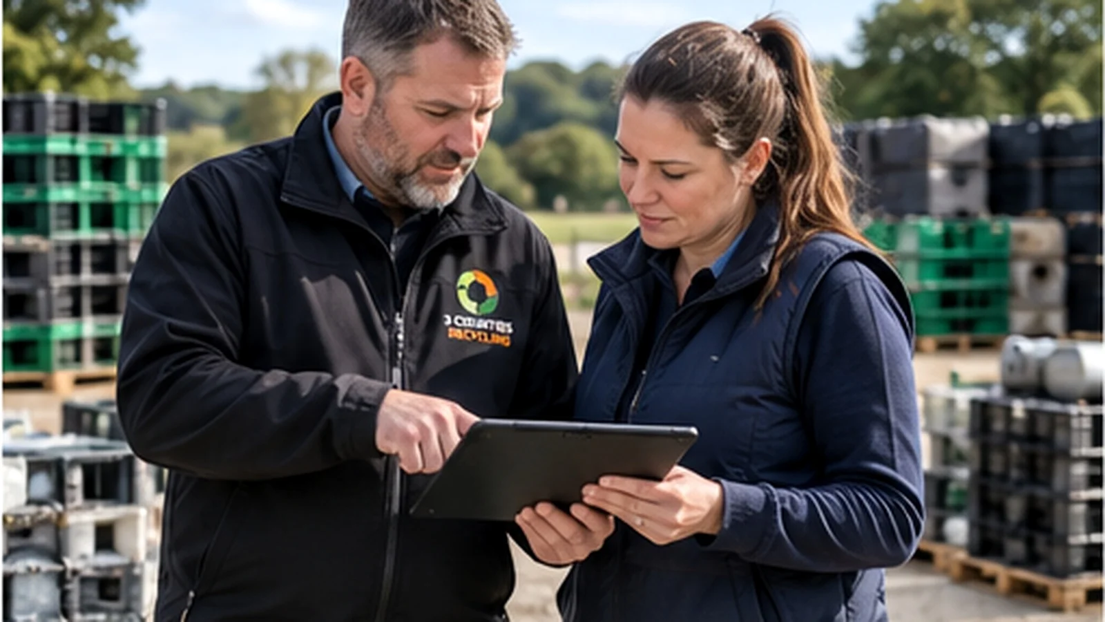 Two people reviewing material information on a tablet beside stored rigid plastics